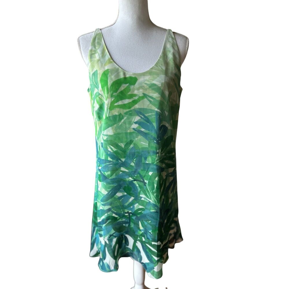 Cabi Green Tropical Leaf Print Sleeveless Dress Medium Adjustable Straps